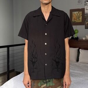 Vintage Johnny Suede‎ Black Short Sleeve Button Up Shirt Flame Design Men's XL